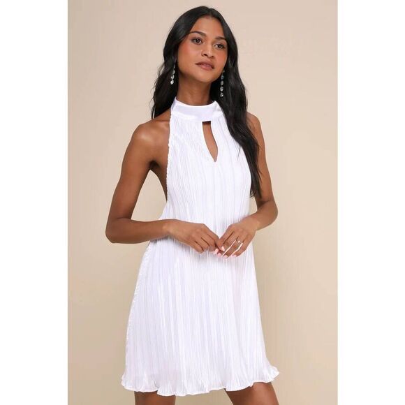 Lulus Pretty Aura White Satin Plisse Mock Neck Mini Swing Dress NWT - Picture 1 of 6